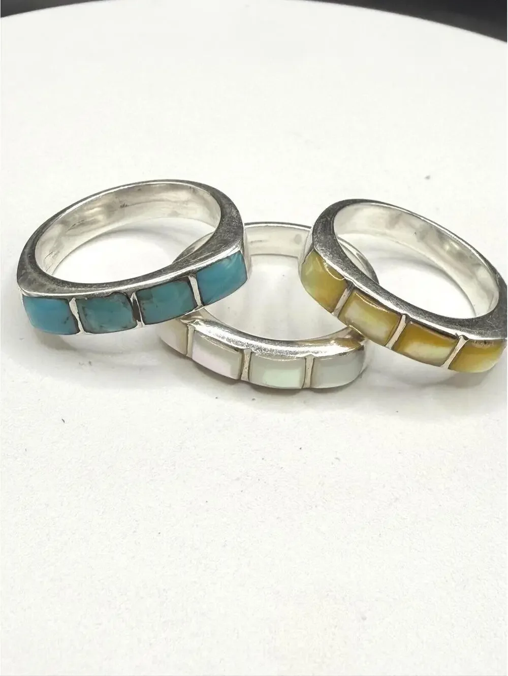 Signed 925 Sterling Silver Inlay Stacking Ring Set – Turquoise, Moonstone & Opal